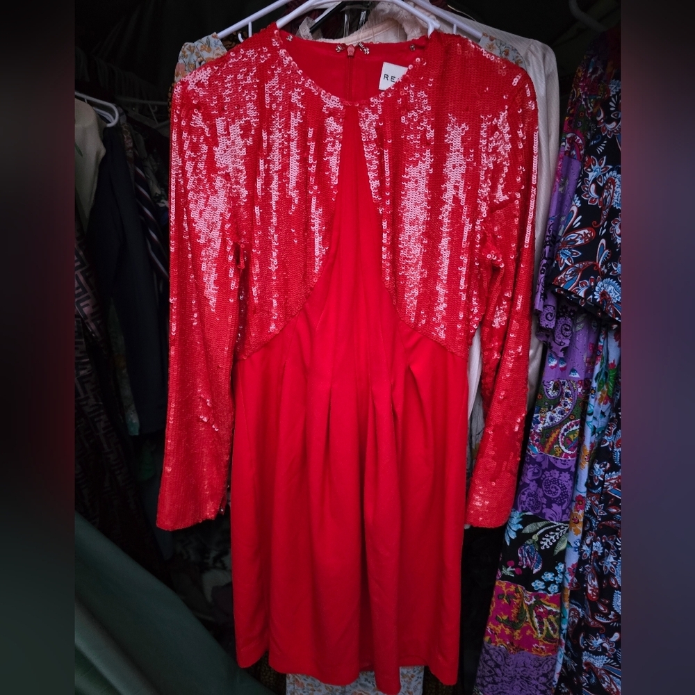 Reiss Vibrant Red Sequin Long Sleeve Dress